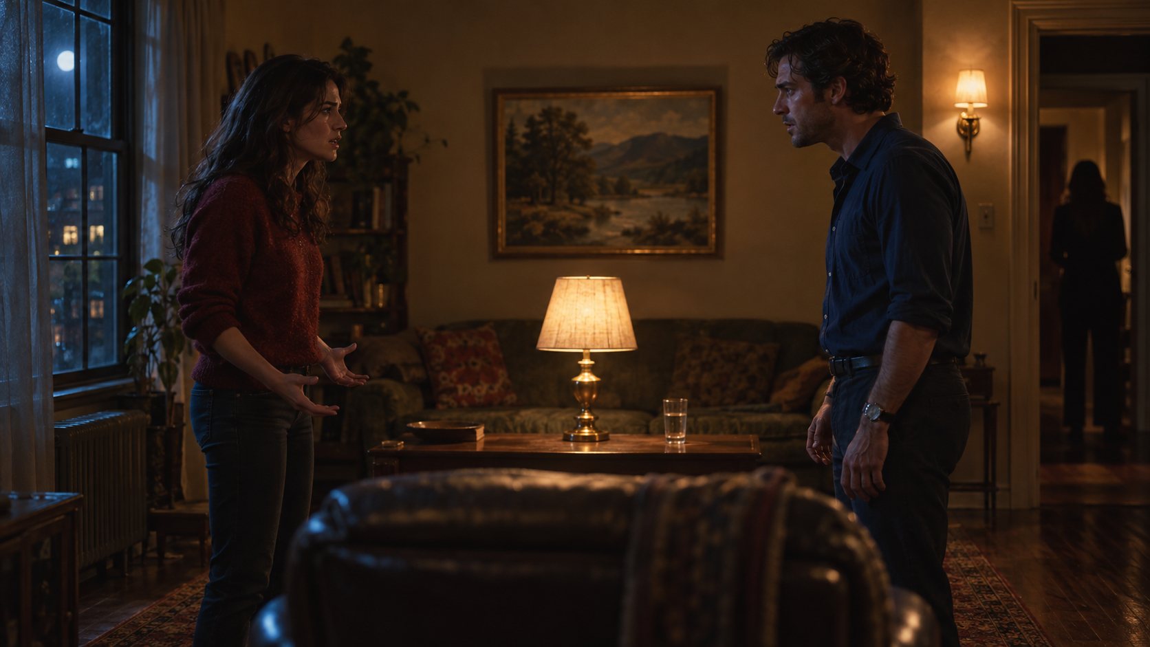 The original wide shot: a woman in a red sweater and a man in a navy shirt arguing across a lamplit living room at night, a window on the left and a figure standing in the doorway on the right.